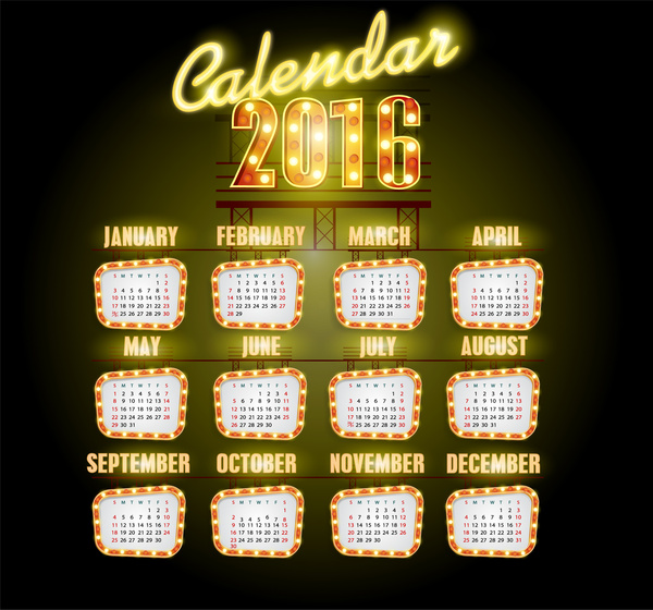 Calendar 2016 Template Neon Light