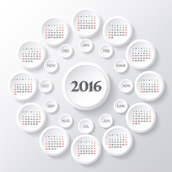 Calendar 2016 Template Round Button