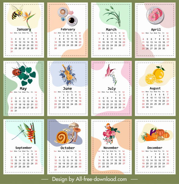 template kalender berwarna-warni Flora serangga buah tema Pie