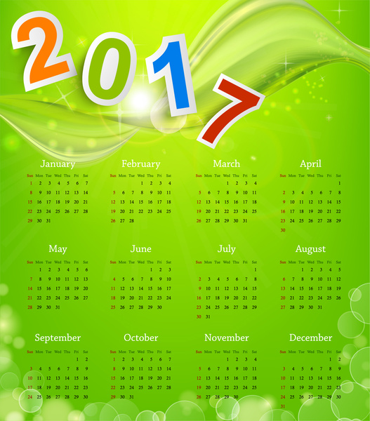 Kalender 2017 template hijau abstrak latar belakang