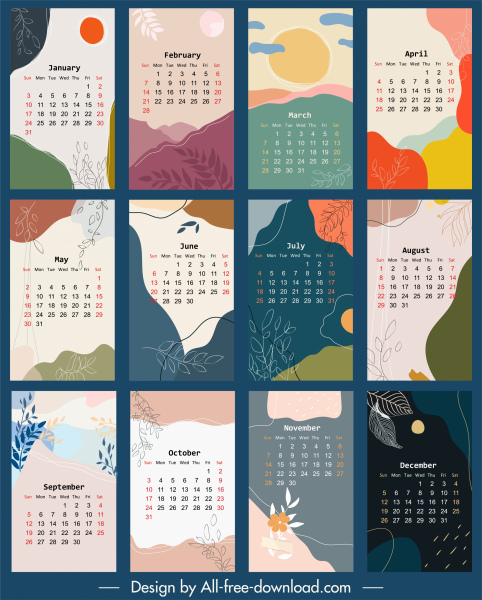 szablony kalendarza elementy natury wystrój retro kolorowy design