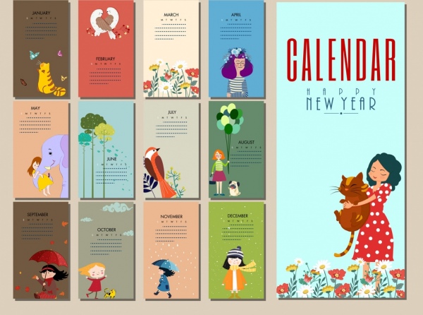 カレンダー テンプレートの女性動物花アイコン漫画のデザイン