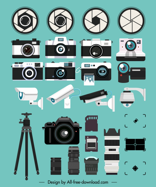 ícones da câmera colorido moderno dispositivos de lentes esboço de acessórios