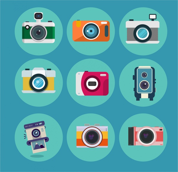 ícones de câmera isolados em vários estilos coloridos