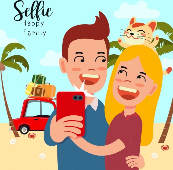 즐거운 커플 귀여운 만화 디자인 광고 카메라 selfie