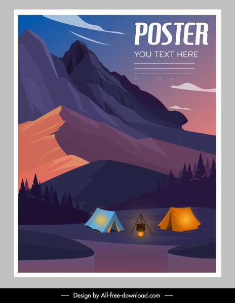 cắm trại hoạt động poster Mountain Scene Sketch thiết kế đầy màu sắc