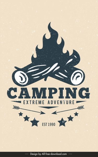 캠핑 어드벤처 포스터 복고풍 디자인 불타는 나무 스케치
