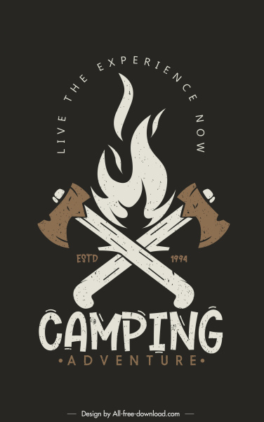 camping aventura modelo de pôster retrô eixos de fogo esboço