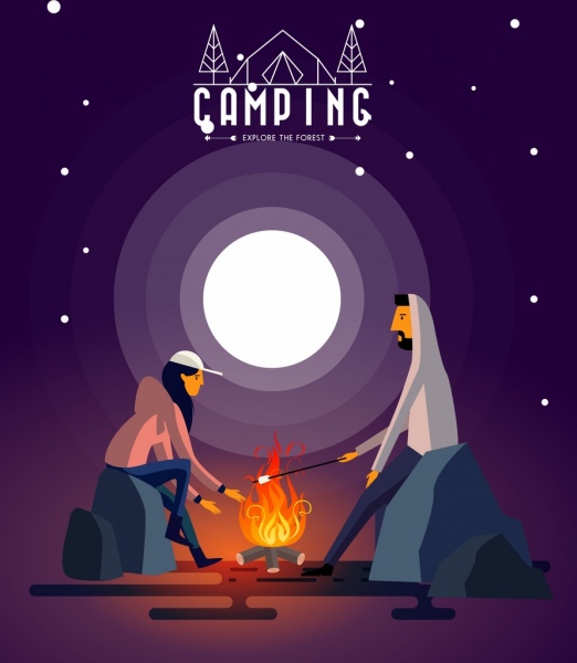 Camping flamme humaine bannière de publicité autour des icônes de la lune