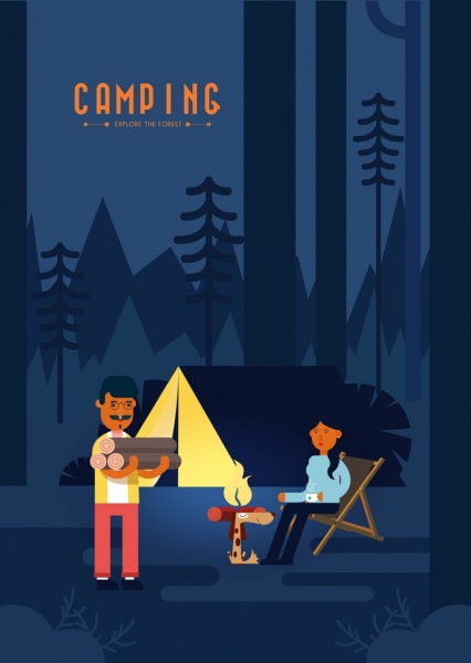 Campeggio tenda all'aperto banner pubblicità fumetto colorato