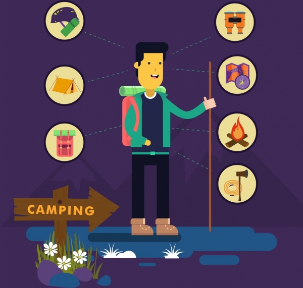la couleur des accessoires de camping cartoon conception icônes
