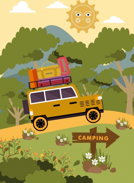 Camping background auto consigna de iconos animados decoracion estilizada