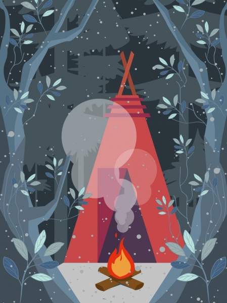 Camping latar belakang hutan api unggun tenda salju dekorasi