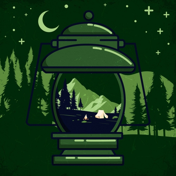 خلفية التخييم التصميم الأخضر مصباح خيمة الجبلية الرموز