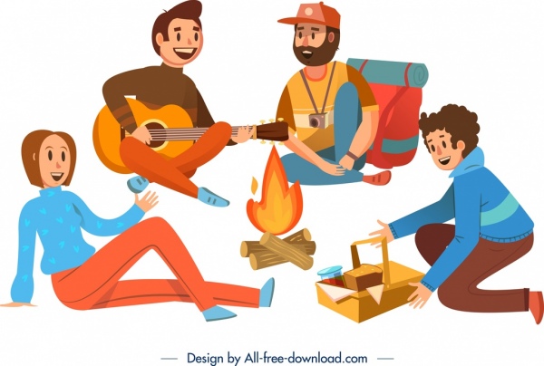 Camping latar belakang menyenangkan orang api unggun ikon kartun desain