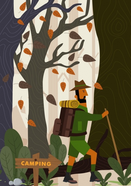 Camping fond mâles randonneur forêt icônes colorées dessin animé