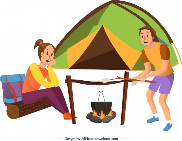 camping personas carpa fogata iconos dibujos animados diseño del fondo