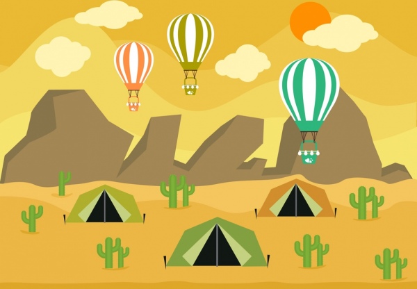 Camping latar belakang tenda balon ikon Gunung latar belakang padang pasir