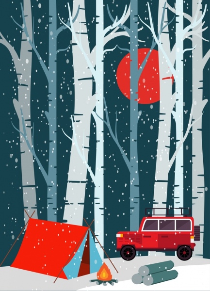 Cắm trại lều tuyết xe biểu tượng nền nền rừng.