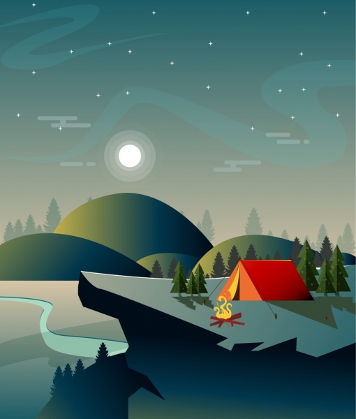 Camping latar belakang tenda Gunung bulan ikon berkilau langit