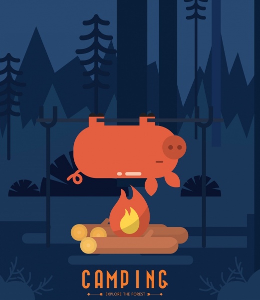 Camping bannière cochon rôti feu de camp icônes décor
