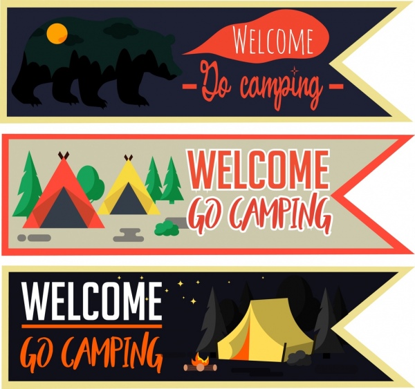 Camping Banner setzt Zelte tierische Nacht Symbole Dekoration