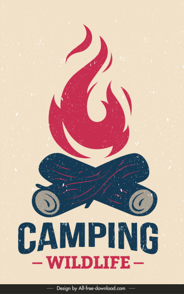 camping banner template desain retro sketsa api unggun