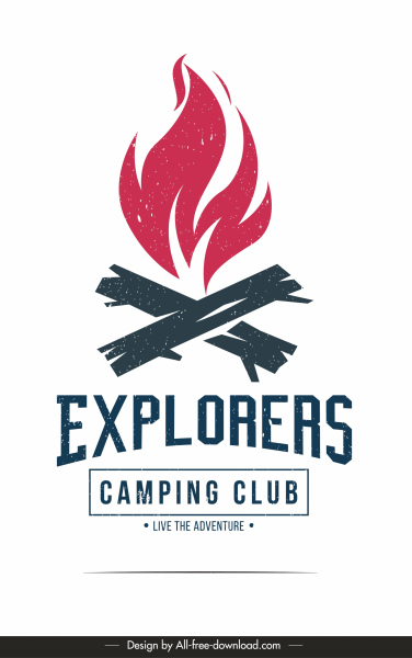 club de camping publicidad banner vintage campamento arco bosquejo de fuego