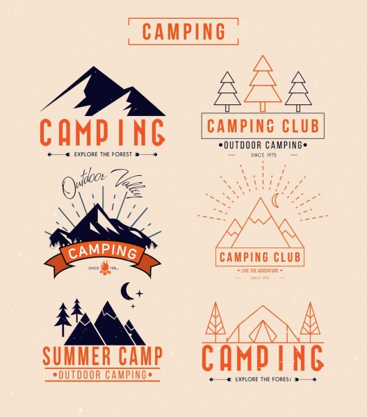 Campeggio club logotipi montagna albero icone design classico