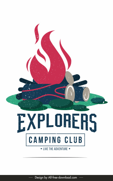 キャンプクラブポスターテンプレートレトロな色の火の木