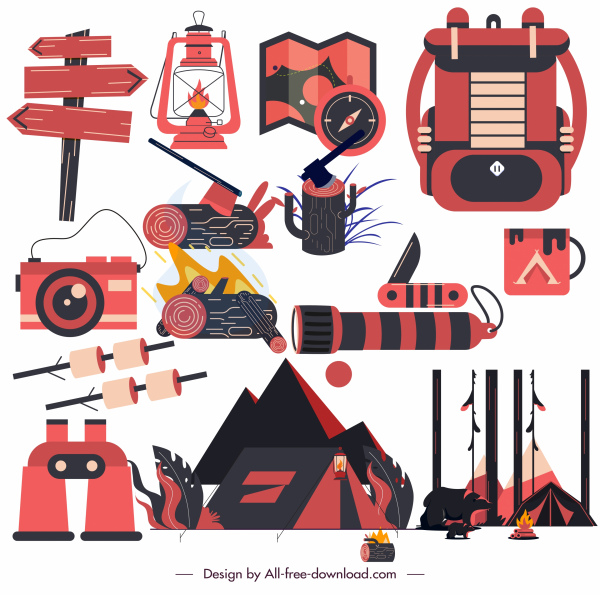 camping elementos de diseño objetos de color decoración de color rojo negro