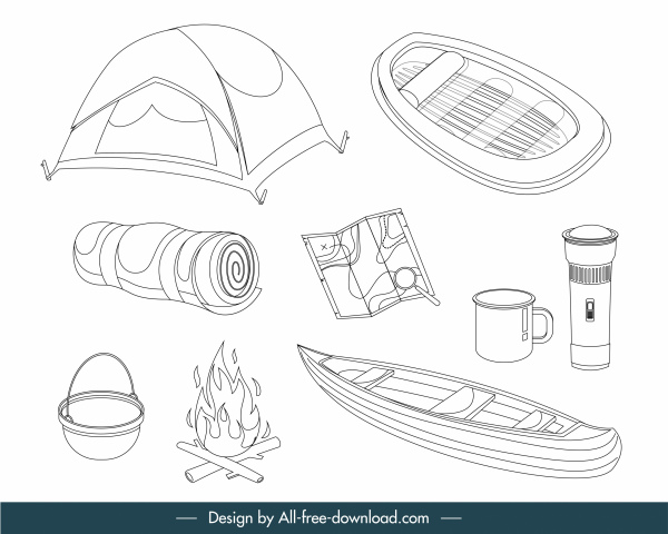 Camping Design Elemente Objekte Skizze Schwarz Weiß Handgezeichnet