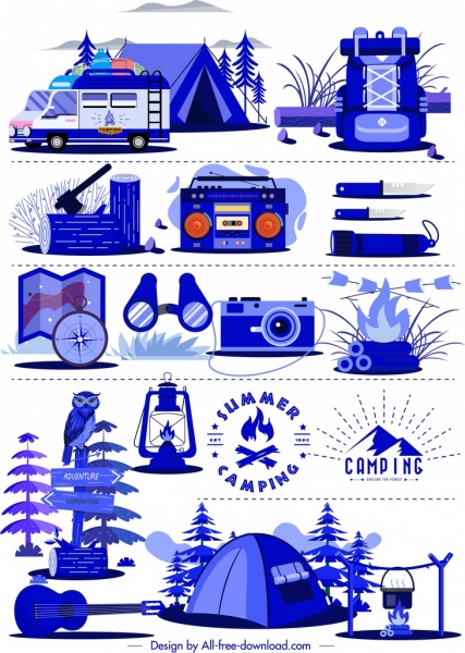 éléments de conception de camping outils personnels croquis bleu design