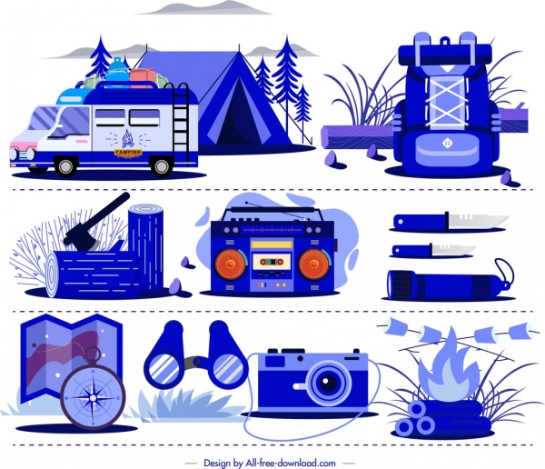camping elementos de design utensílios pessoais ícones esboço azul