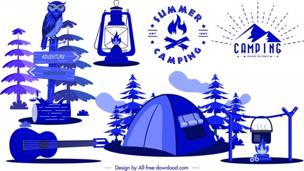 éléments de conception de camping tente guitare feu de camp lampe croquis