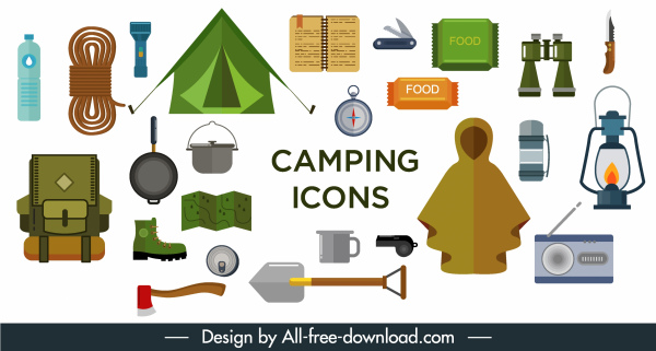 elementi di design campeggio utensil icone schizzo design piatto