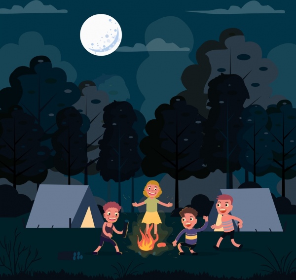 Camping dessin joyeux enfants nuit lune cartoon design