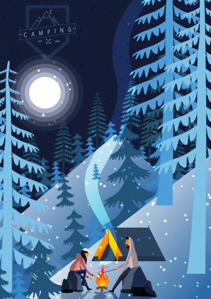 iconos de fogata de luz de la luna de montaña cubierto de nieve dibujo de camping