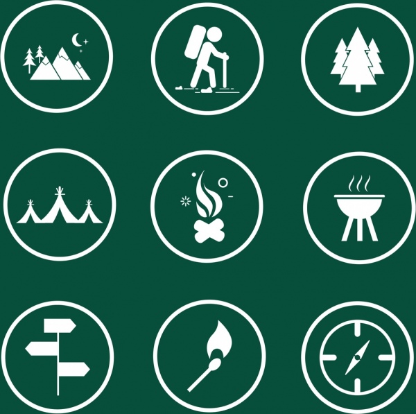 Camping colección de iconos emblema plana aislamiento