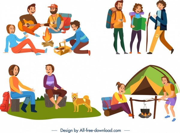 Campeggio icone persone attività design colorato personaggi dei cartoni animati