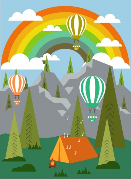 Camping paisaje de fondo arco iris colorido globo tienda iconos