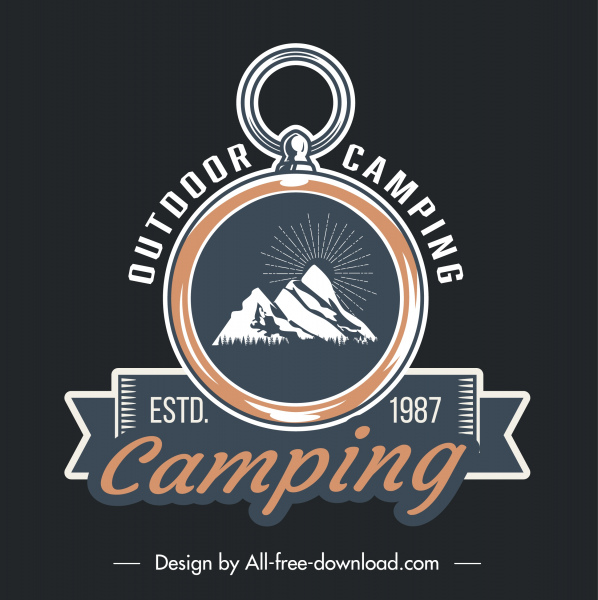 plantilla de logotipo de camping clásico anillo cinta dibujo de montaña