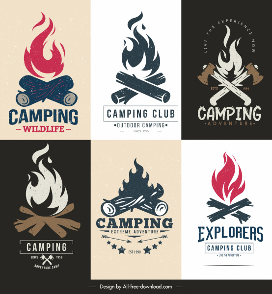 camping logotipo modelo retro fogo toca em madeira