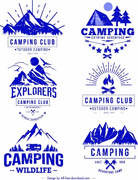 modelos de logotipo de acampamento esboço retro azul