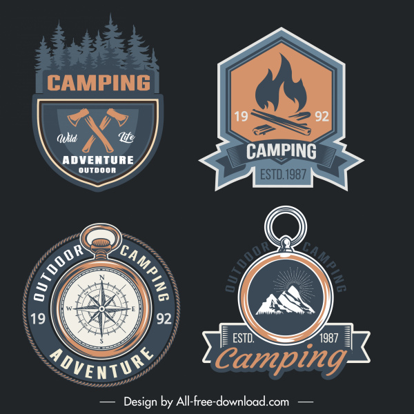 Plantillas de logotipos de camping elegante diseño retro símbolos planos