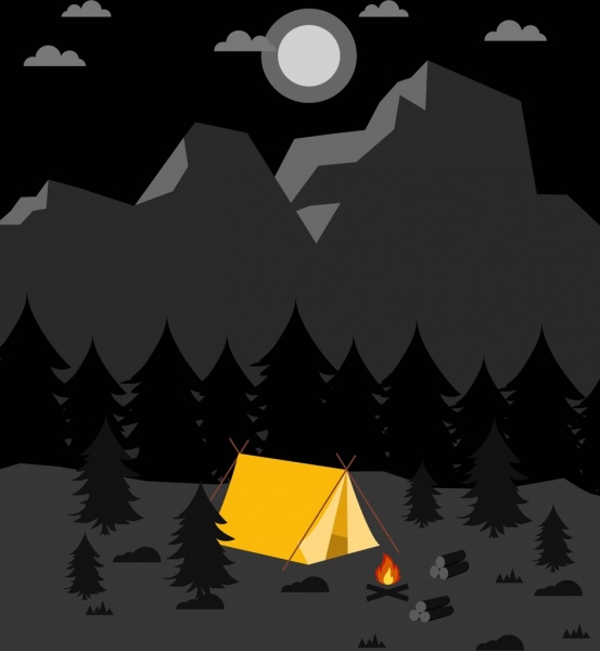 acampamento na montanha fundo tenda ícone escuro cinza