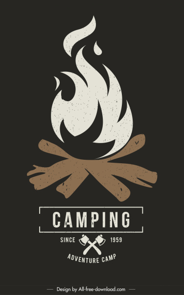 캠핑 포스터 템플릿 불타는 나무 스케치 어두운 복고풍