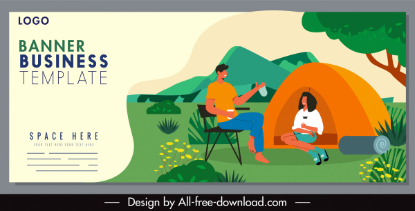 캠핑 포스터 텐트 자연 장면 다채로운 만화 스케치