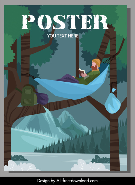 cartel de camping hamaca turística boceto diseño de dibujos animados