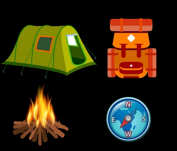 Camping herramienta iconos símbolos de aislamiento colored 3D